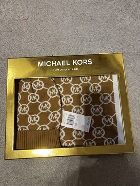 Michael Kors Brown and White MK Logo Hat & Scarf Set in Gold Box